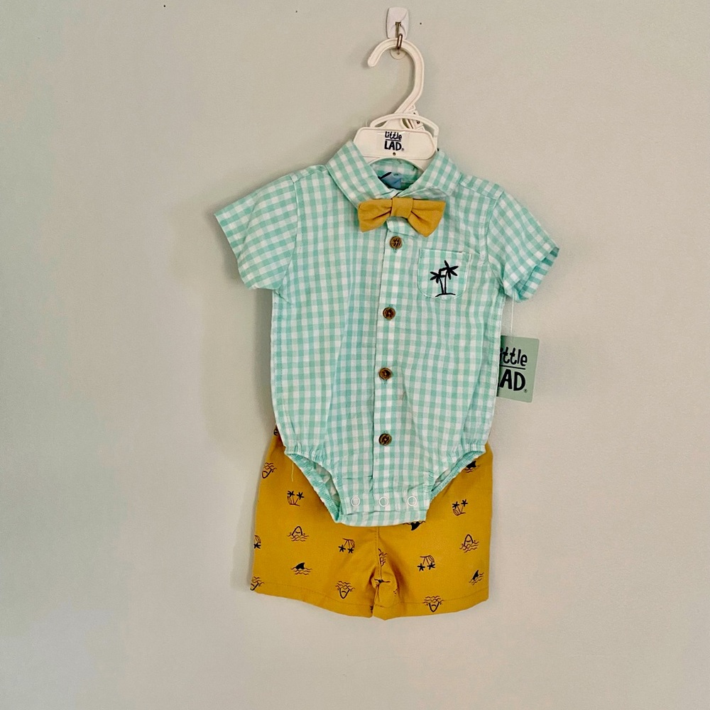 Boys plaid shirt with bow tie and khaki shorts